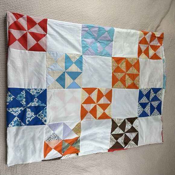 Unfinished Hand Stitched Patchwork Quilt Top 95" x 74" Americana Vtg Colorful - Picture 3 of 10